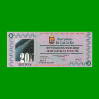 BONO MUNICIPALIDAD DE CRUZ DEL EJE $ 20,00, AÑO 1996, SERIE A, ESTADO SIN CIRCULAR.-