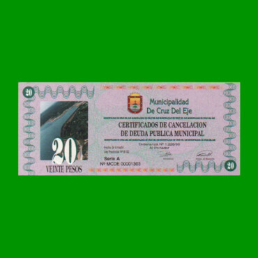 BONO MUNICIPALIDAD DE CRUZ DEL EJE $ 20,00, AÑO 1996, SERIE A, ESTADO SIN CIRCULAR.-