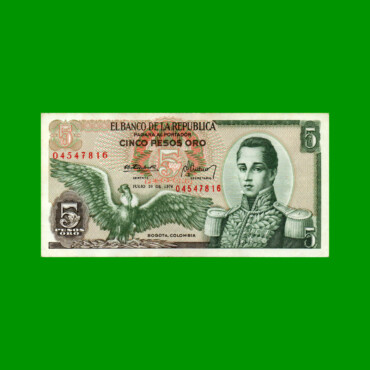BILLETE DE COLOMBIA $ 5,00, PICK 406e, AÑO 1974, ESTADO EXCELENTE+ .-