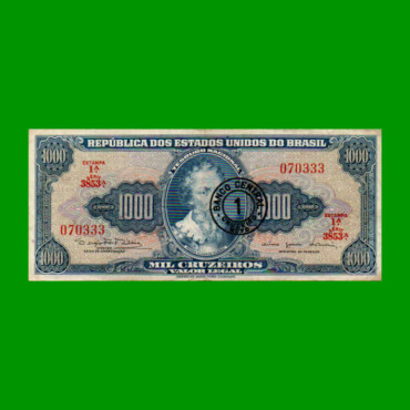 BILLETE DE BRASIL 1.000 CRUZEIROS RESELLADO 1 CRUZEIRO NOVO, PICK 187a, AÑO 1966, ESTADO MUY BUENO.-