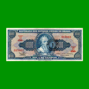 BILLETE DE BRASIL 1.000 CRUZEIROS RESELLADO 1 CRUZEIRO NOVO, PICK 187b, AÑO 1967, ESTADO EXCELENTE- .-