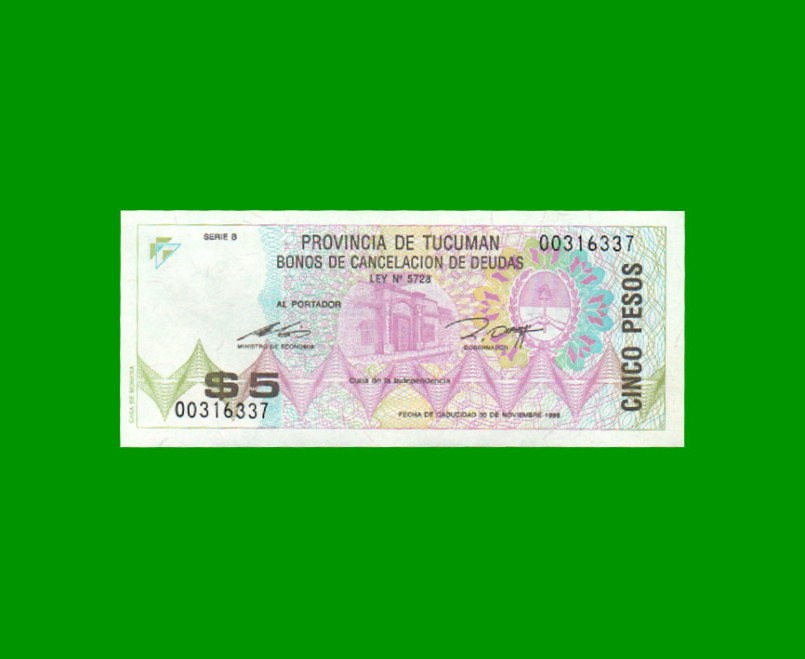 BONO DE TUCUMAN $ 5,00, EC 434, AÑO 1993, ESTADO SIN CIRCULAR.-