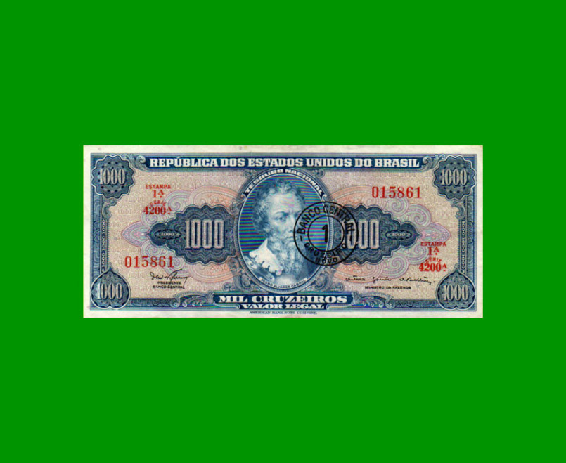 BILLETE DE BRASIL 1.000 CRUZEIROS RESELLADO 1 CRUZEIRO NOVO, PICK 187b, AÑO 1967, ESTADO EXCELENTE- .-