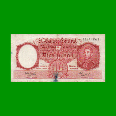 MONEDA NACIONAL $10,00, BOT 1965, AÑO 1960, ESTADO BUENO+ .-