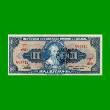 BILLETE DE BRASIL 1.000 CRUZEIROS RESELLADO 1 CRUZEIRO NOVO, PICK 187b, AÑO 1967, ESTADO EXCELENTE.-