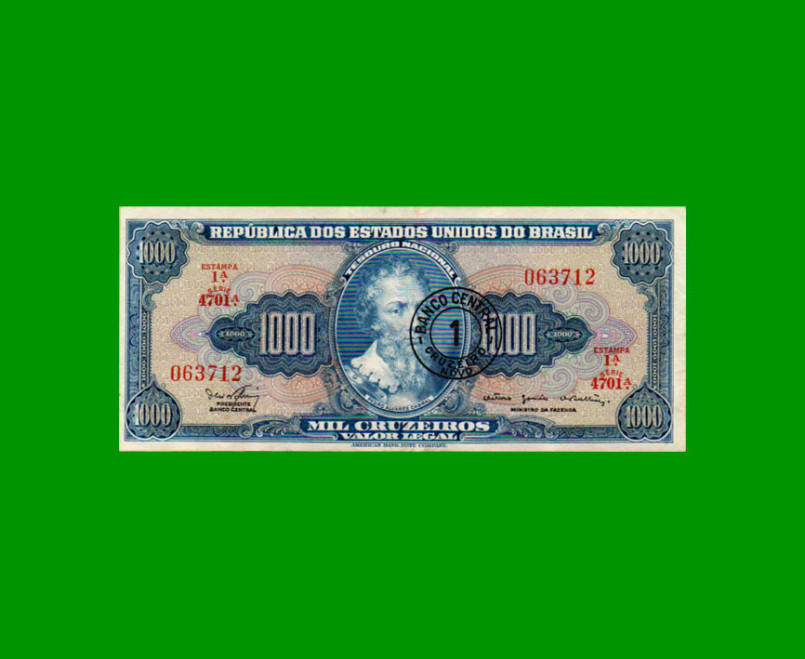 BILLETE DE BRASIL 1.000 CRUZEIROS RESELLADO 1 CRUZEIRO NOVO, PICK 187b, AÑO 1967, ESTADO EXCELENTE.-