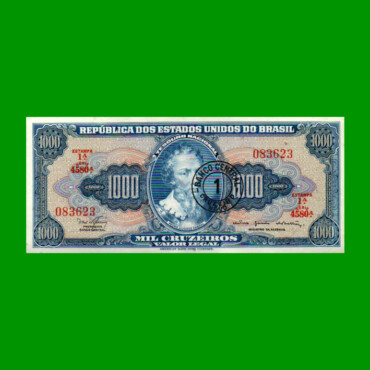 BILLETE DE BRASIL 1.000 CRUZEIROS RESELLADO 1 CRUZEIRO NOVO, PICK 187b, AÑO 1967, ESTADO EXCELENTE+ .-