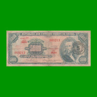 BILLETE DE BRASIL 5.000 CRUZEIROS RESELLADO 5 CRUZEIROS NOVOS, PICK 188b, AÑO 1967, ESTADO BUENO.-