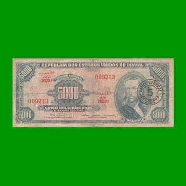 BILLETE DE BRASIL 5.000 CRUZEIROS RESELLADO 5 CRUZEIROS NOVOS, PICK 188b, AÑO 1967, ESTADO BUENO.-
