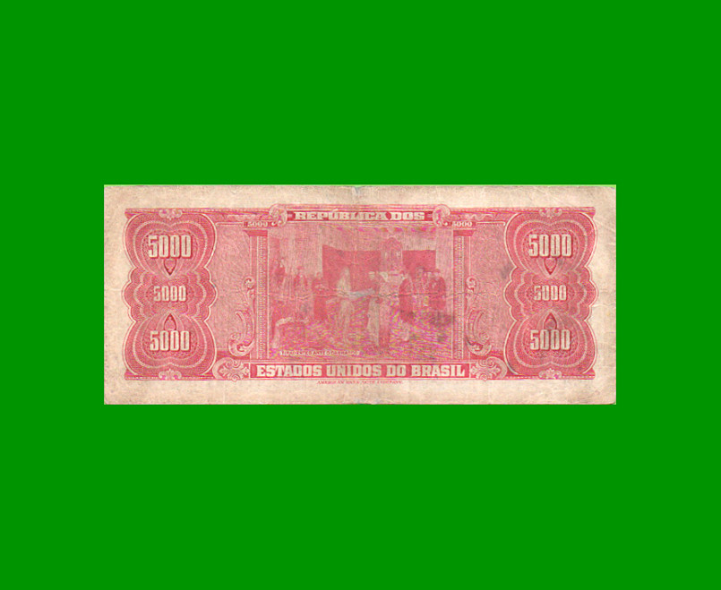 BILLETE DE BRASIL 5.000 CRUZEIROS RESELLADO 5 CRUZEIROS NOVOS, PICK 188b, AÑO 1967, ESTADO BUENO+ .- - Imagen 2