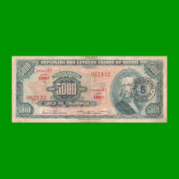 BILLETE DE BRASIL 5.000 CRUZEIROS RESELLADO 5 CRUZEIROS NOVOS, PICK 188b, AÑO 1967, ESTADO BUENO+ .-