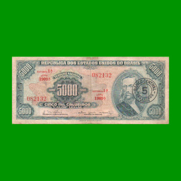 BILLETE DE BRASIL 5.000 CRUZEIROS RESELLADO 5 CRUZEIROS NOVOS, PICK 188b, AÑO 1967, ESTADO BUENO+ .-