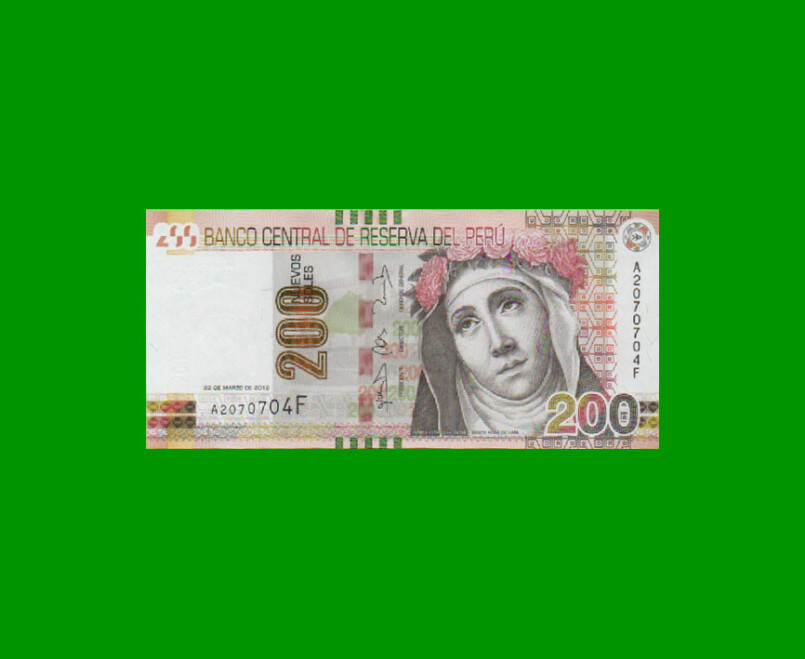 BILLETE DE PERU 200 NUEVOS SOLES, PICK 186, AÑO 2012, ESTADO SIN CIRCULAR.-