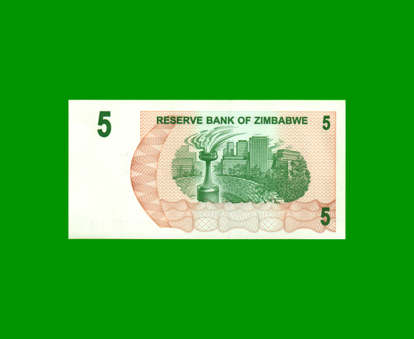 BILLETE DE ZIMBABWE 5 DOLARES, PICK 38, ESTADO SIN CIRCULAR.- - Imagen 2