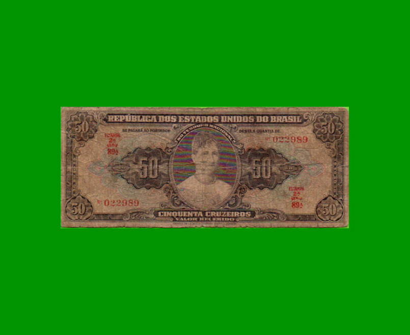 BILLETE DE BRASIL 50 CRUZEIROS, PICK 145, AÑO 1949, ESTADO BUENO.-