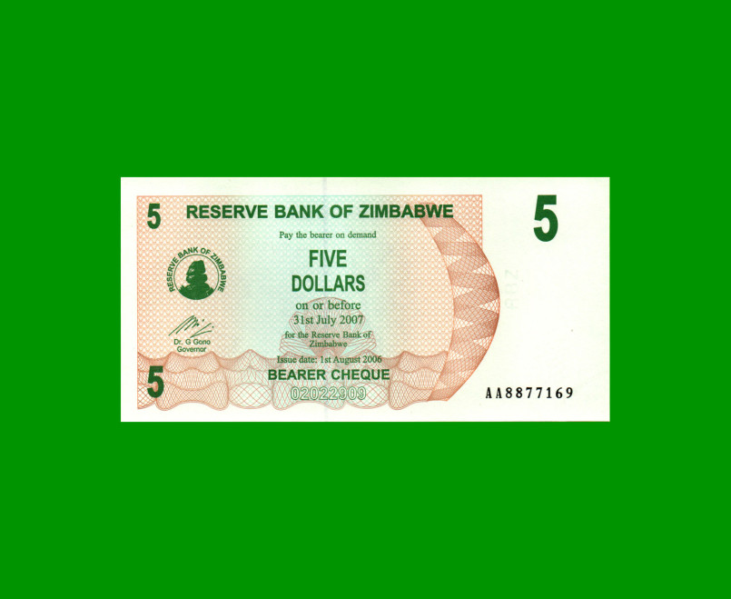 BILLETE DE ZIMBABWE 5 DOLARES, PICK 38, ESTADO SIN CIRCULAR.-