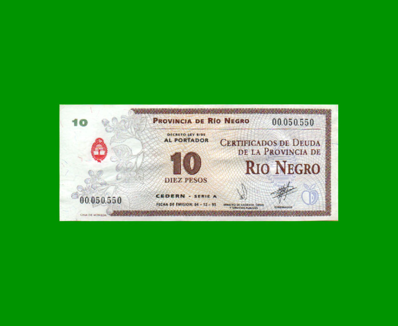 BONO DE RIO NEGRO $ 10,00, EC 394, AÑO 1995, ESTADO EXCELENTE.-