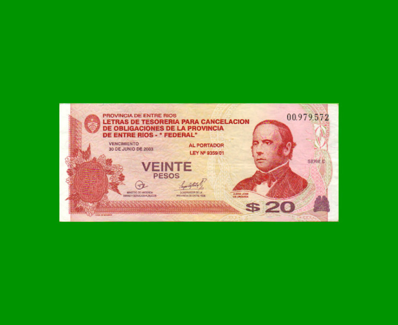 BONO DE ENTRE RIOS $ 20,00, EC 338, AÑO 31/12/2001, ESTADO EXCELENTE- .-