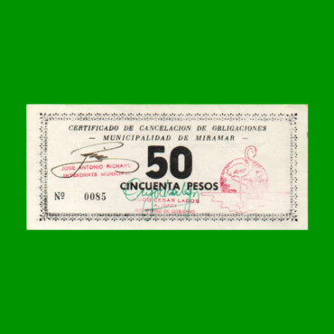 BONO MUNICIPALIDAD DE MIRAMAR DE ANSENUZA $ 50,00, AÑO EMISION 10/08/1995, ESTADO EXCELENTE.-