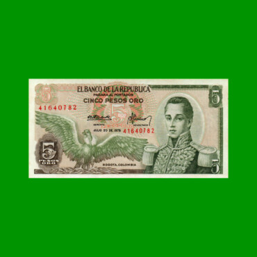 BILLETE DE COLOMBIA $ 5,00, PICK 406e, AÑO 1975, ESTADO SIN CIRCULAR.-