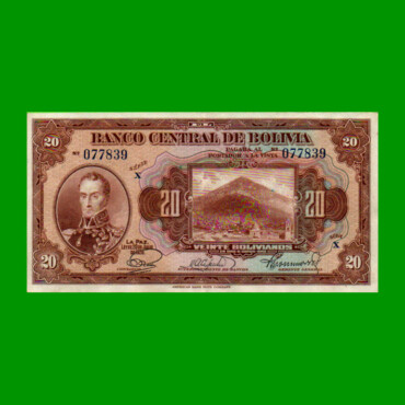 BILLETE DE BOLIVIA 20 BOLIVIANOS, PICK 122, AÑO 1928, ESTADO EXCELENTE.-