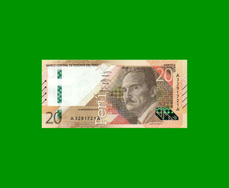 BILLETE DE PERU 20 SOLES, PICK NEW, AÑO 2019, ESTADO SIN CIRCULAR.-