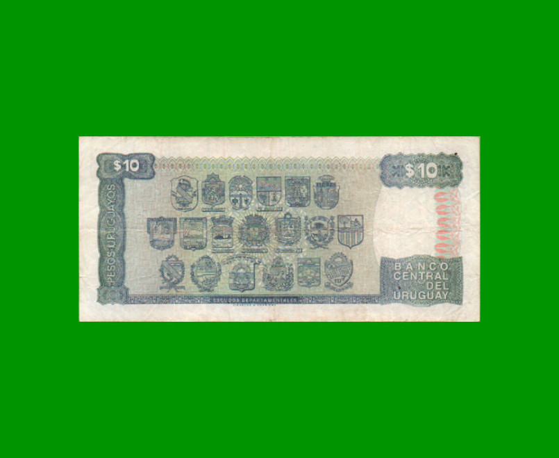 BILLETE DE URUGUAY $10,00 PICK 73Bb, AÑO 1995, SERIE B, ESTADO BUENO+.- - Imagen 2