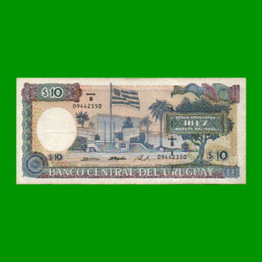 BILLETE DE URUGUAY $10,00 PICK 73Bb, AÑO 1995, SERIE B, ESTADO BUENO+.-