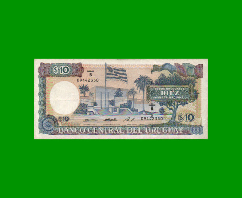 BILLETE DE URUGUAY $10,00 PICK 73Bb, AÑO 1995, SERIE B, ESTADO BUENO+.-