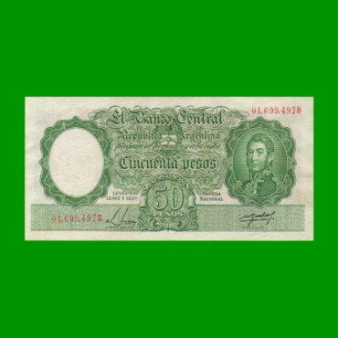MONEDA NACIONAL $50,00, BOT 1991, NUMEROS ROJOS, AÑO 1955, ESTADO EXCELENTE.-