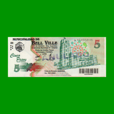 BONO MUNICIPALIDAD DE BELL VILLE $5,00, AÑO 2002/2003, ESTADO EXCELENTE+ .-