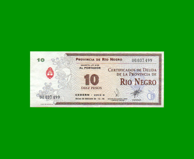 BONO DE RIO NEGRO $ 10,00, EC 397, AÑO 1995, ESTADO EXCELENTE- .-