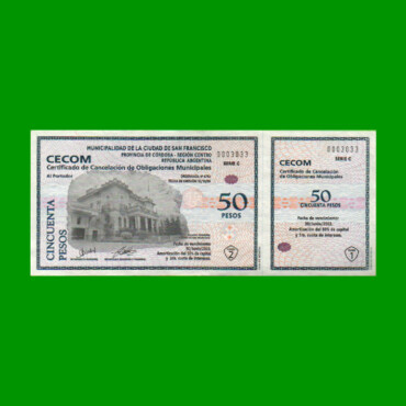 BONO MUNICIPALIDAD DE SAN FRANCISCO $ 50,00, AÑO 2000, SERIE C, ESTADO EXCELENTE- .-
