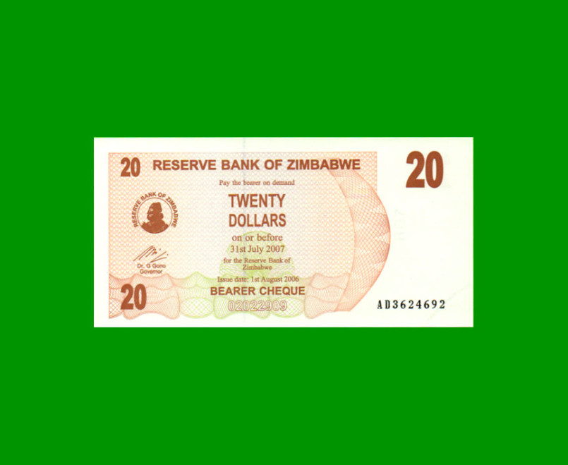 BILLETE DE ZIMBABWE 20 DOLARES, PICK 40, ESTADO SIN CIRCULAR.-