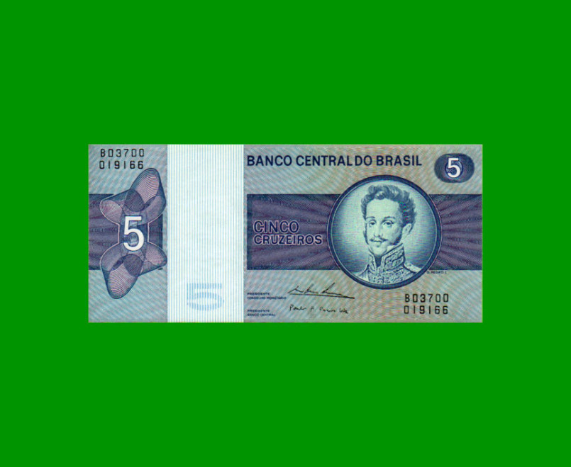 BILLETE DE BRASIL 5 CRUZEIROS, PICK 192c, AÑO 1974, ESTADO EXCELENTE.-