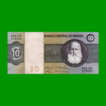 BILLETE DE BRASIL 10 CRUZEIROS, PICK 193c, AÑO 1979, ESTADO MUY BUENO+ .-