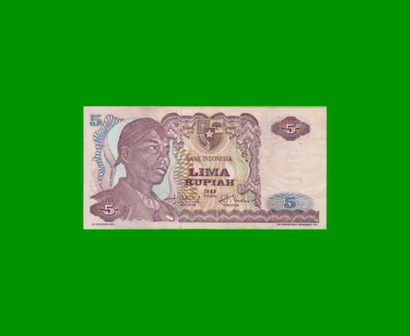 BILLETE DE INDONESIA 5 RUPIAS, PICK 104, AÑO 1968, ESTADO EXCELENTE- .-