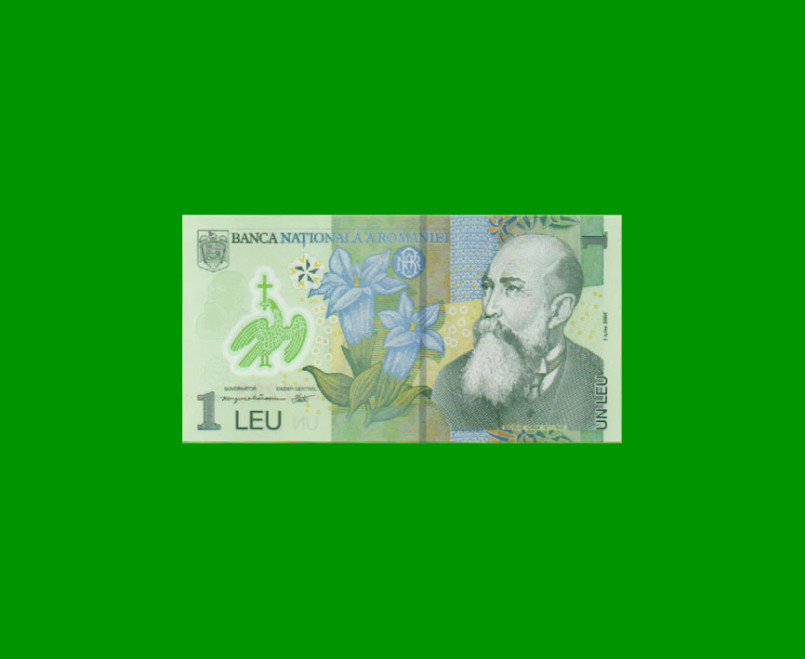 BILLETE DE RUMANIA 1 LEI, POLYMERO, PICK 117a, ESTADO SIN CIRCULAR.-