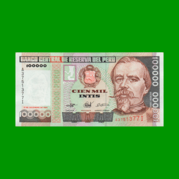 BILLETE DE PERU 100.000 INTIS, PICK 145, AÑO 1989, ESTADO SIN CIRCULAR .-