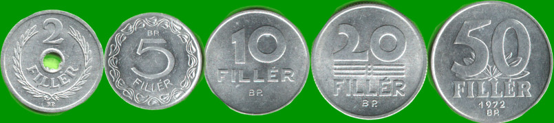 HUNGRIA SET DE CINCO MONEDAS 2, 5, 10, 20 Y 50 FILLER, AÑO 1960/ 1972, ESTADO NUEVAS.-