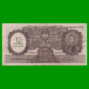 MONEDA NACIONAL $1.000 RESELLADO A $10,00 PESOS LEY 18.188, BOT 2212, AÑO 1969, ESTADO MUY BUENO- .-