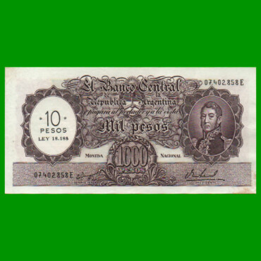 MONEDA NACIONAL $1.000 RESELLADO A $10,00 PESOS LEY 18.188, BOT 2213, AÑO 1969, ESTADO EXCELENTE .-