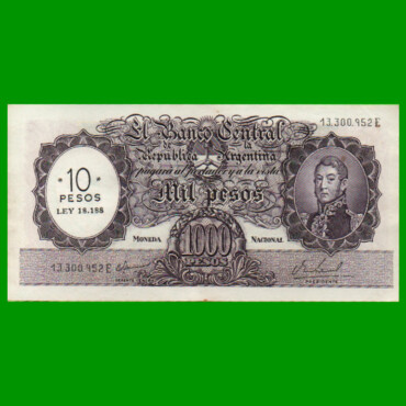 MONEDA NACIONAL $1.000 RESELLADO A $10,00 PESOS LEY 18.188, BOT 2214, AÑO 1969, ESTADO EXCELENTE+ .-