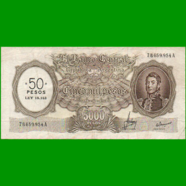 MONEDA NACIONAL $5.000 RESELLADO A $50,00 PESOS LEY 18.188, BOT 2218, AÑO 1969, ESTADO MUY BUENO+ .-