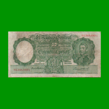 MONEDA NACIONAL $50,00, BOT 1975, NUMEROS ROJOS, AÑO 1943, ESTADO MUY BUENO- .-
