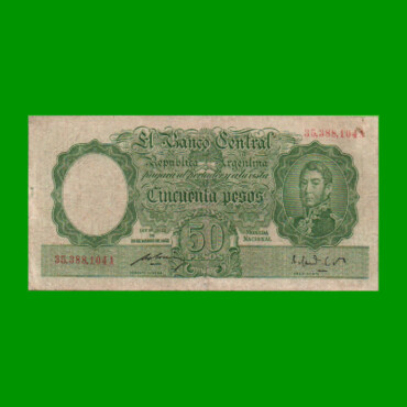 MONEDA NACIONAL $50,00, BOT 1987, NUMEROS ROJOS, AÑO 1952, ESTADO MUY BUENO- .-