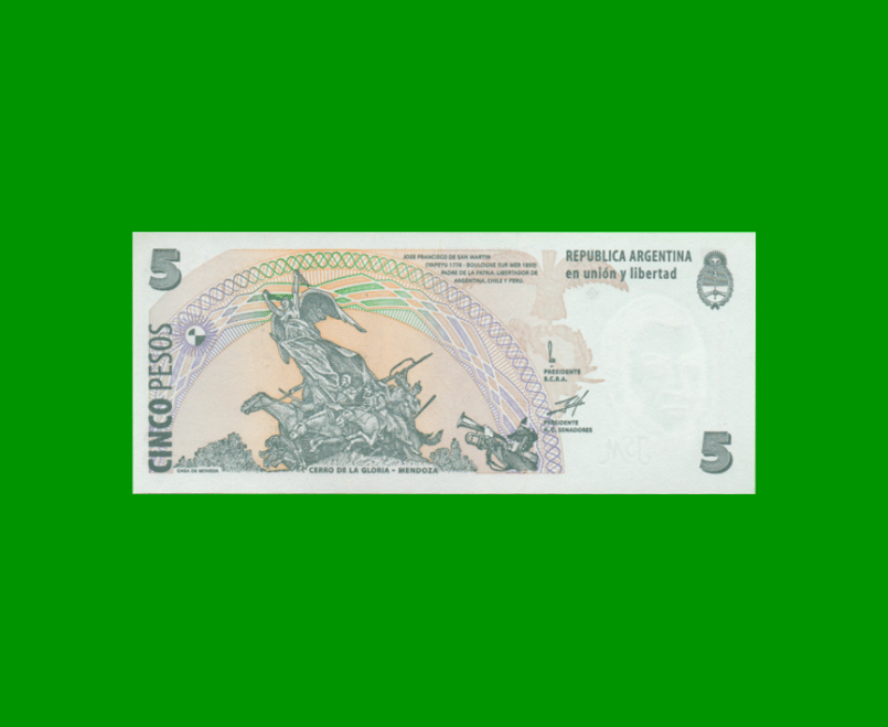 PESOS CONVERTIBLES 2do DISEÑO $5,00, BOT 3302, AÑO 1999, ESTADO EXCELENTE+.- - Imagen 2