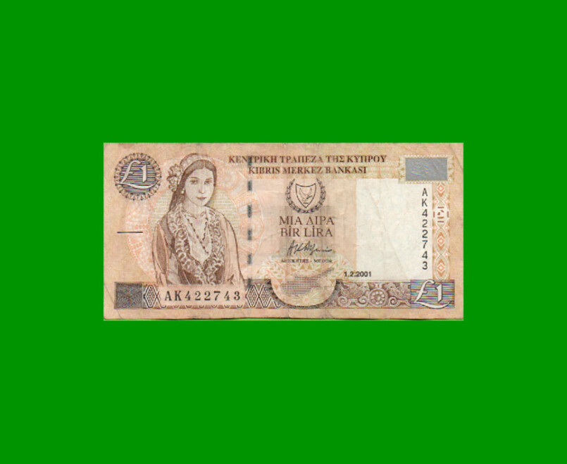 BILLETE DE CHIPRE 1 POUND, PICK 60c, AÑO 2001, ESTADO MUY BUENO- .-