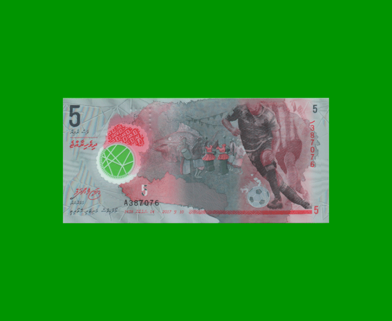 BILLETE DE ISLAS MALDIVAS 5,00 RUPIAS, POLYMERO PICK NEW, ESTADO SIN CIRCULAR.-