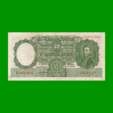 MONEDA NACIONAL $50,00, BOT 1984, NUMEROS ROJOS, AÑO 1949, ESTADO MUY BUENO- .-